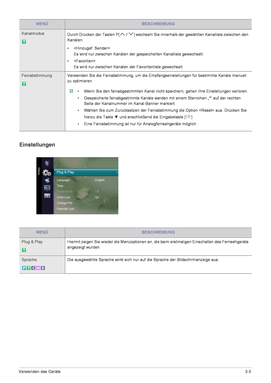 Samsung LS24EMLKF/EN manual Einstellungen, Menü, Beschreibung 