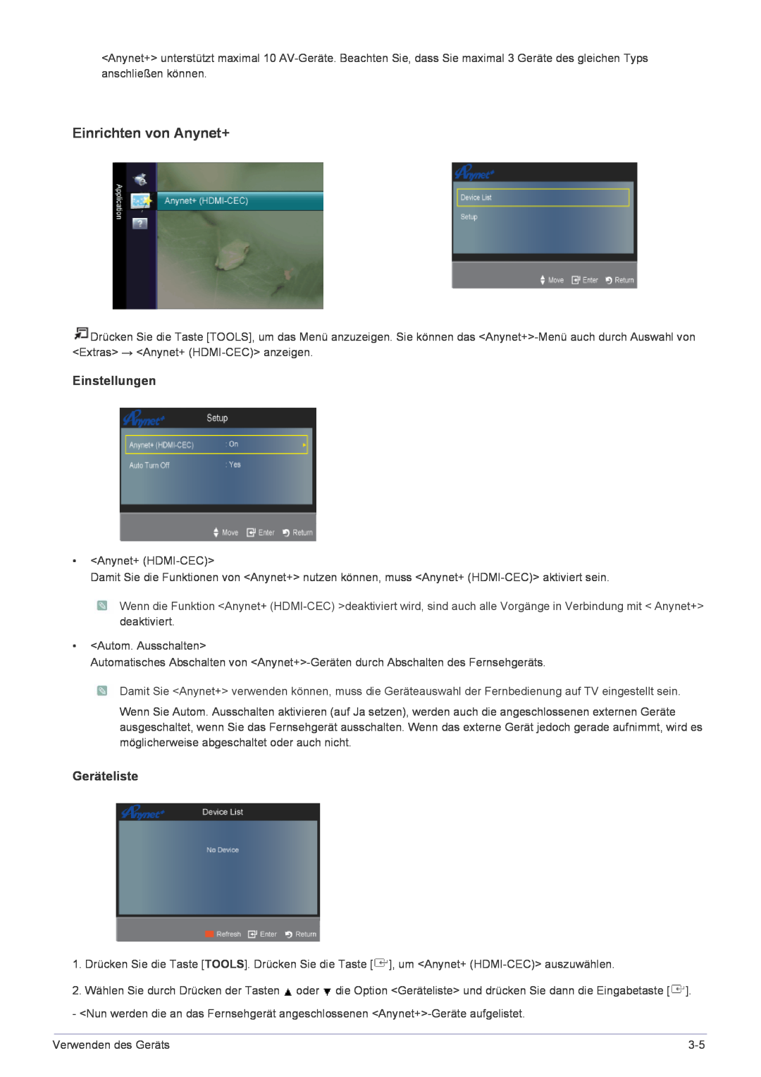 Samsung LS24EMLKF/EN manual Einrichten von Anynet+, Einstellungen, Geräteliste 