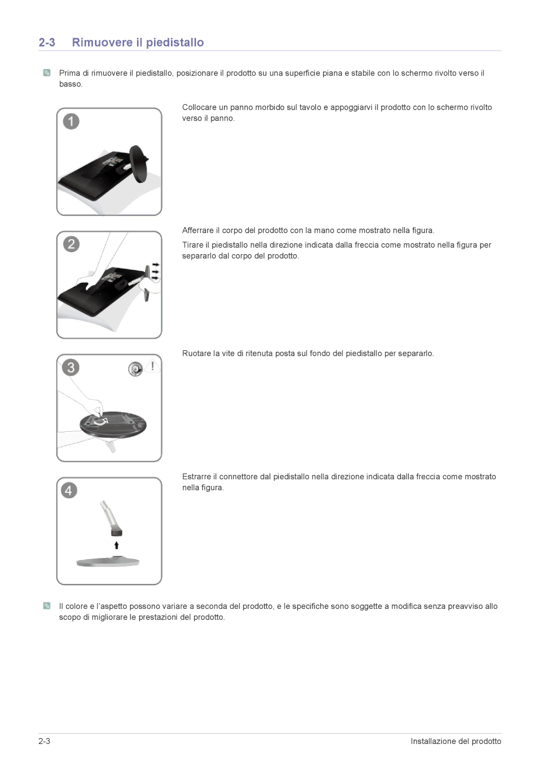 Samsung LS24EMLKU/EN manual Rimuovere il piedistallo 