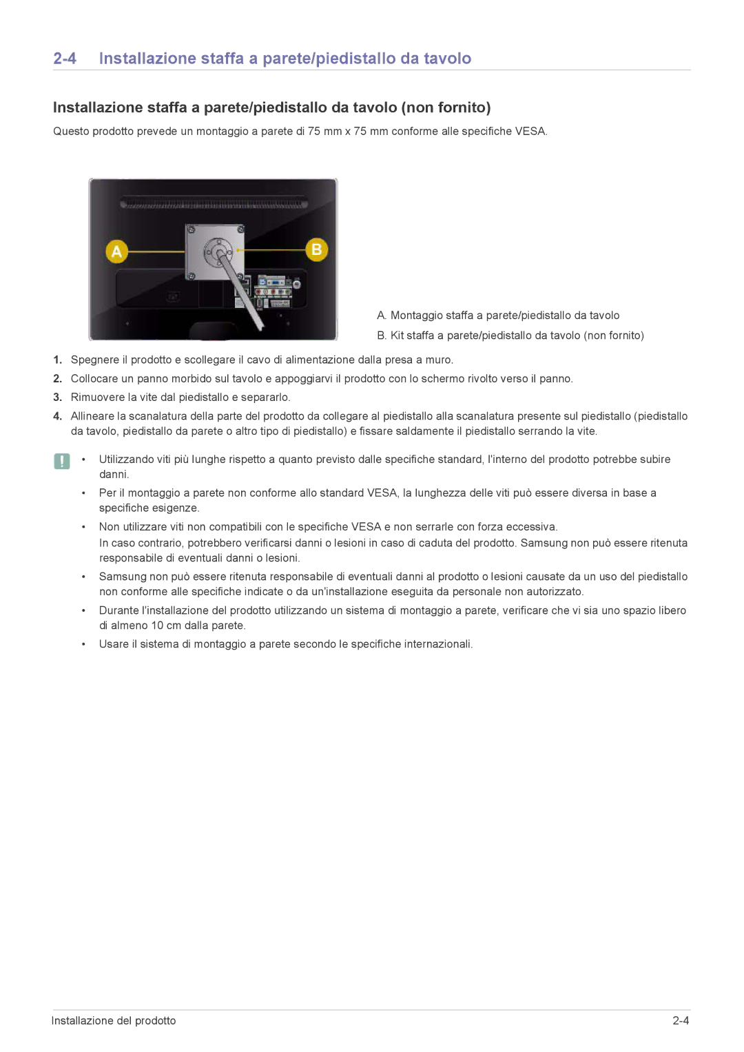 Samsung LS24EMLKU/EN manual Installazione staffa a parete/piedistallo da tavolo 