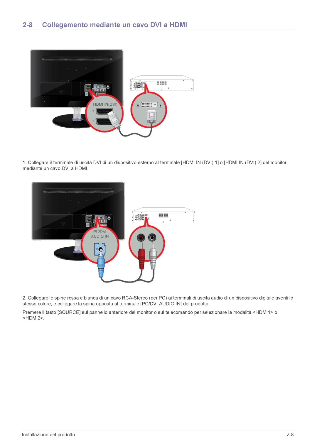 Samsung LS24EMLKU/EN manual Collegamento mediante un cavo DVI a Hdmi 