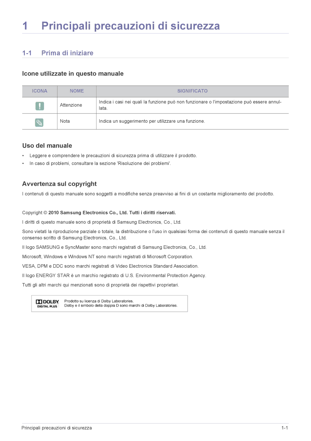 Samsung LS24EMLKU/EN Prima di iniziare, Icone utilizzate in questo manuale, Uso del manuale, Avvertenza sul copyright 