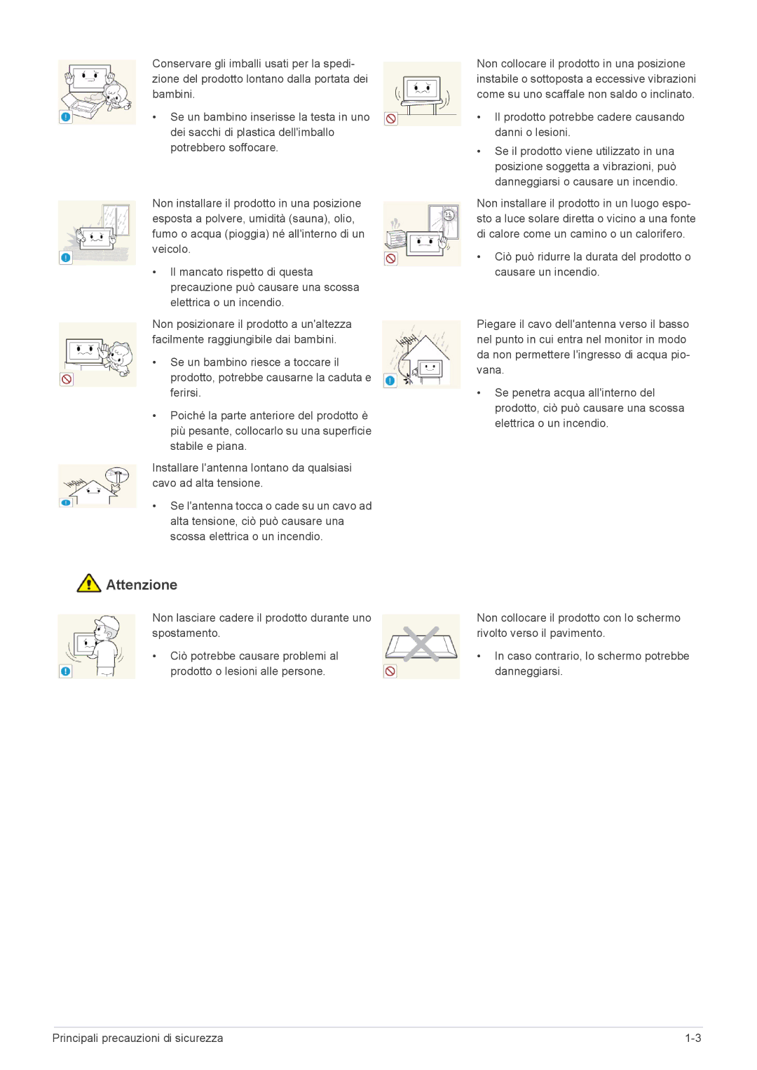 Samsung LS24EMLKU/EN manual Non lasciare cadere il prodotto durante uno spostamento 