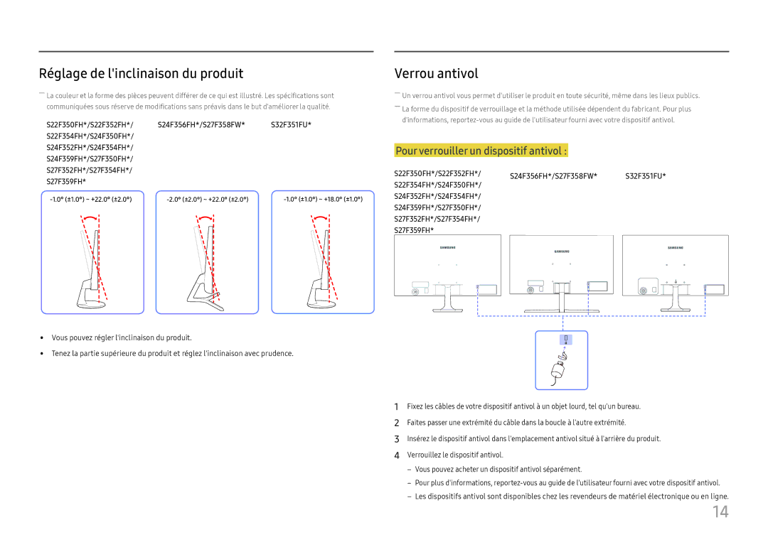 Samsung LS27F350FHUXEN, LS24F350FHUXEN, LS24F352FHUXEN, LS22F352FHUXEN Réglage de linclinaison du produit, Verrou antivol 