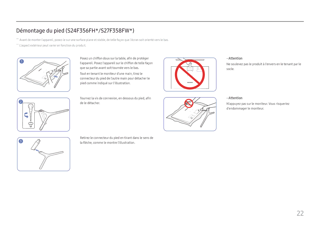 Samsung LS22F350FHUXEN, LS24F350FHUXEN, LS24F352FHUXEN, LS27F350FHUXEN, LS22F352FHUXEN Démontage du pied S24F356FH*/S27F358FW 