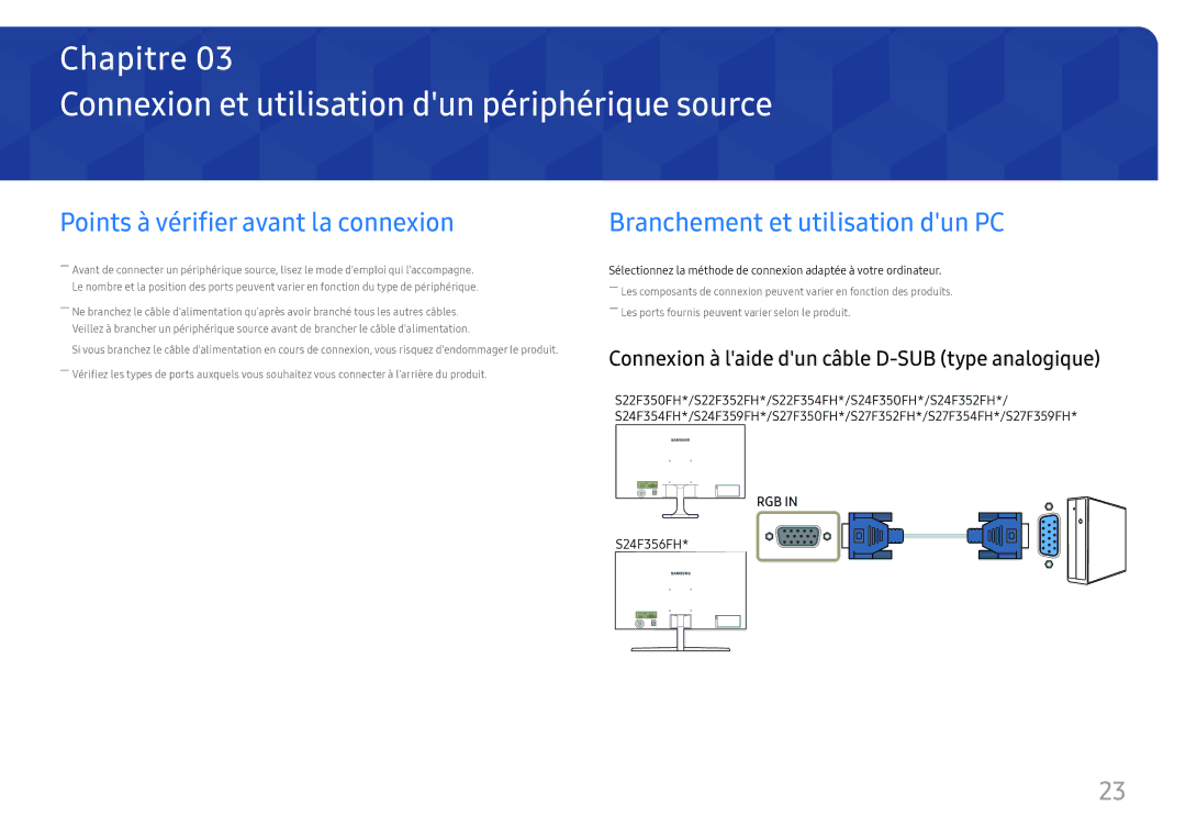 Samsung LS32F351FUUXEN manual Connexion et utilisation dun périphérique source, Points à vérifier avant la connexion 