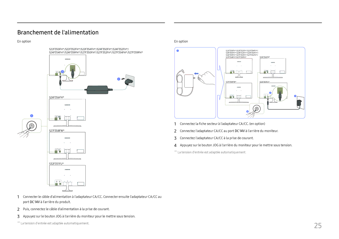 Samsung LS24F352FHUXEN, LS24F350FHUXEN, LS27F350FHUXEN, LS22F352FHUXEN manual Branchement de lalimentation, En option 