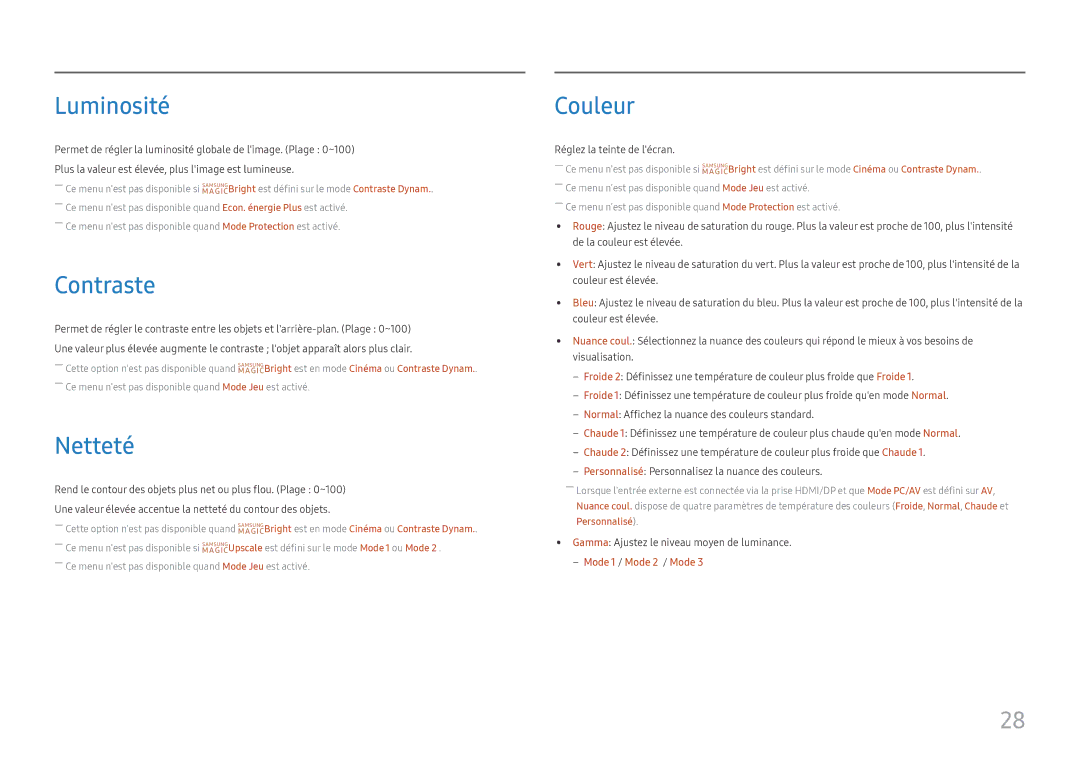 Samsung LS22F350FHUXEN, LS24F350FHUXEN, LS24F352FHUXEN, LS27F350FHUXEN manual Luminosité, Contraste, Netteté, Couleur 