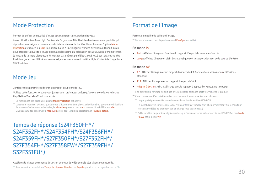 Samsung LS24F350FHUXEN, LS24F352FHUXEN, LS27F350FHUXEN, LS22F352FHUXEN manual Mode Protection, Mode Jeu, Format de limage 