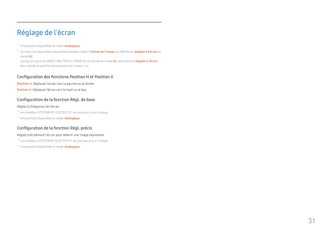 Samsung LS24F352FHUXEN, LS24F350FHUXEN manual Réglage de lécran, Configuration des fonctions Position H et Position 