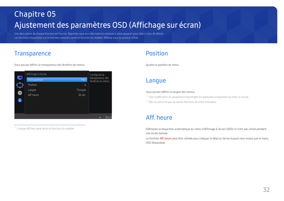 Samsung LS27F350FHUXEN manual Ajustement des paramètres OSD Affichage sur écran, Transparence, Position, Langue, Aff. heure 