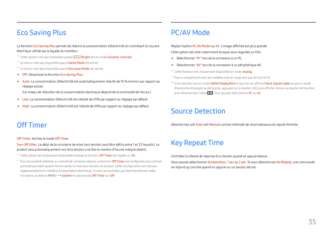 Samsung LS32F351FUUXEN, LS24F350FHUXEN manual Eco Saving Plus, Off Timer, PC/AV Mode, Source Detection, Key Repeat Time 