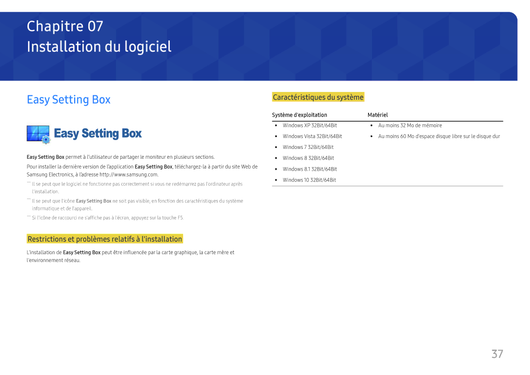 Samsung LS24F352FHUXEN, LS24F350FHUXEN manual Installation du logiciel, Easy Setting Box, Système dexploitation Matériel 