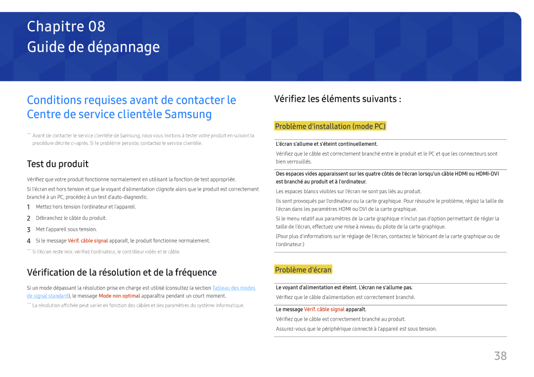 Samsung LS27F350FHUXEN, LS24F350FHUXEN, LS24F352FHUXEN Guide de dépannage, Test du produit, Vérifiez les éléments suivants 