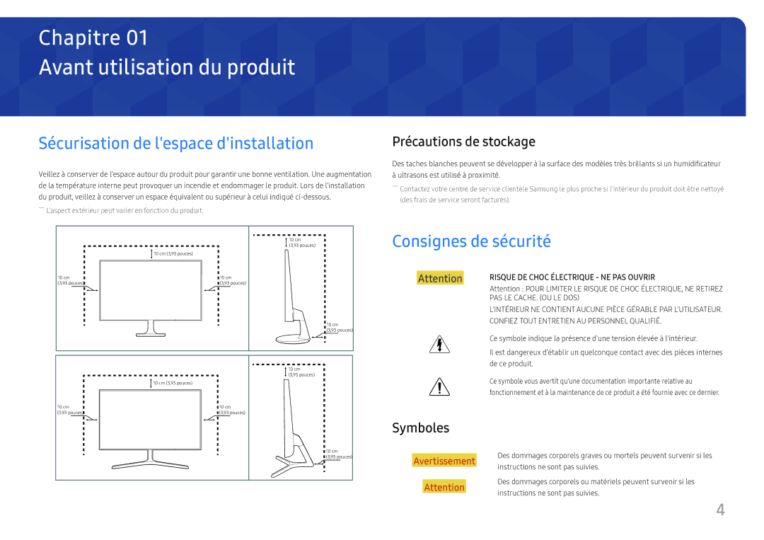 Samsung LS22F350FHUXEN manual Avant utilisation du produit, Sécurisation de lespace dinstallation, Consignes de sécurité 