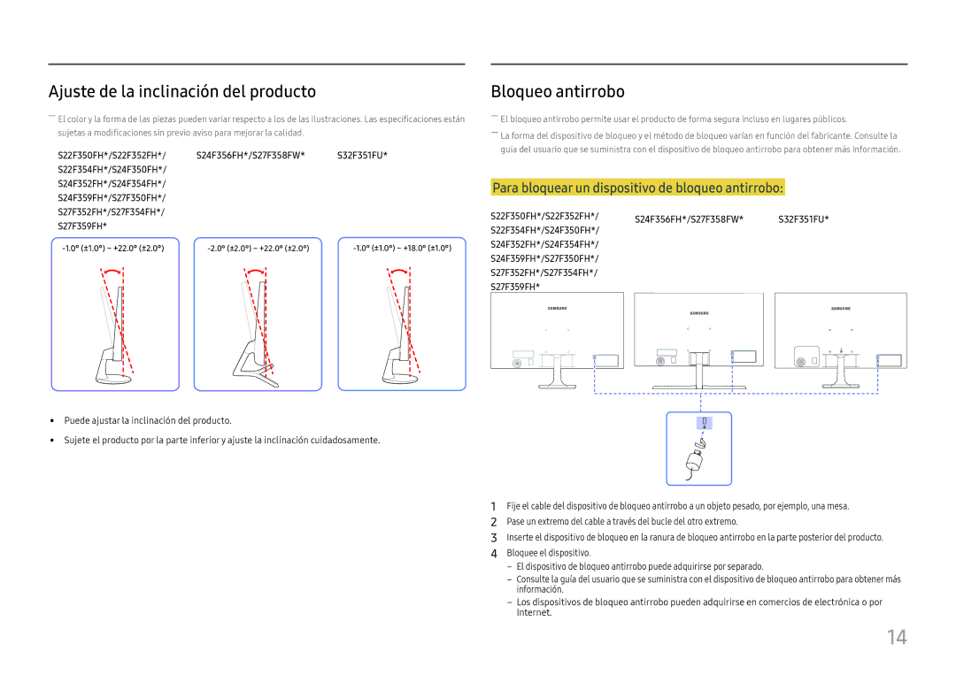 Samsung LS24F350FHUXEN, LS24F352FHUXEN, LS27F350FHUXEN manual Ajuste de la inclinación del producto, Bloqueo antirrobo 