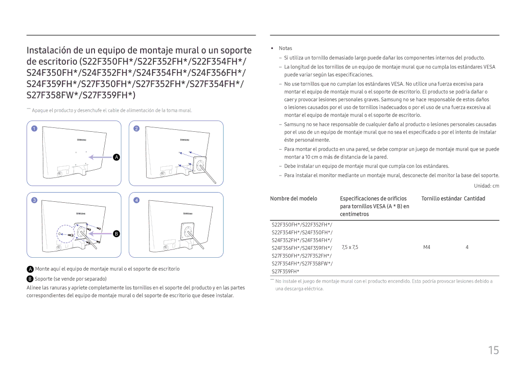 Samsung LS24F352FHUXEN manual Nombre del modelo Especificaciones de orificios, Para tornillos Vesa a * B en Centímetros 