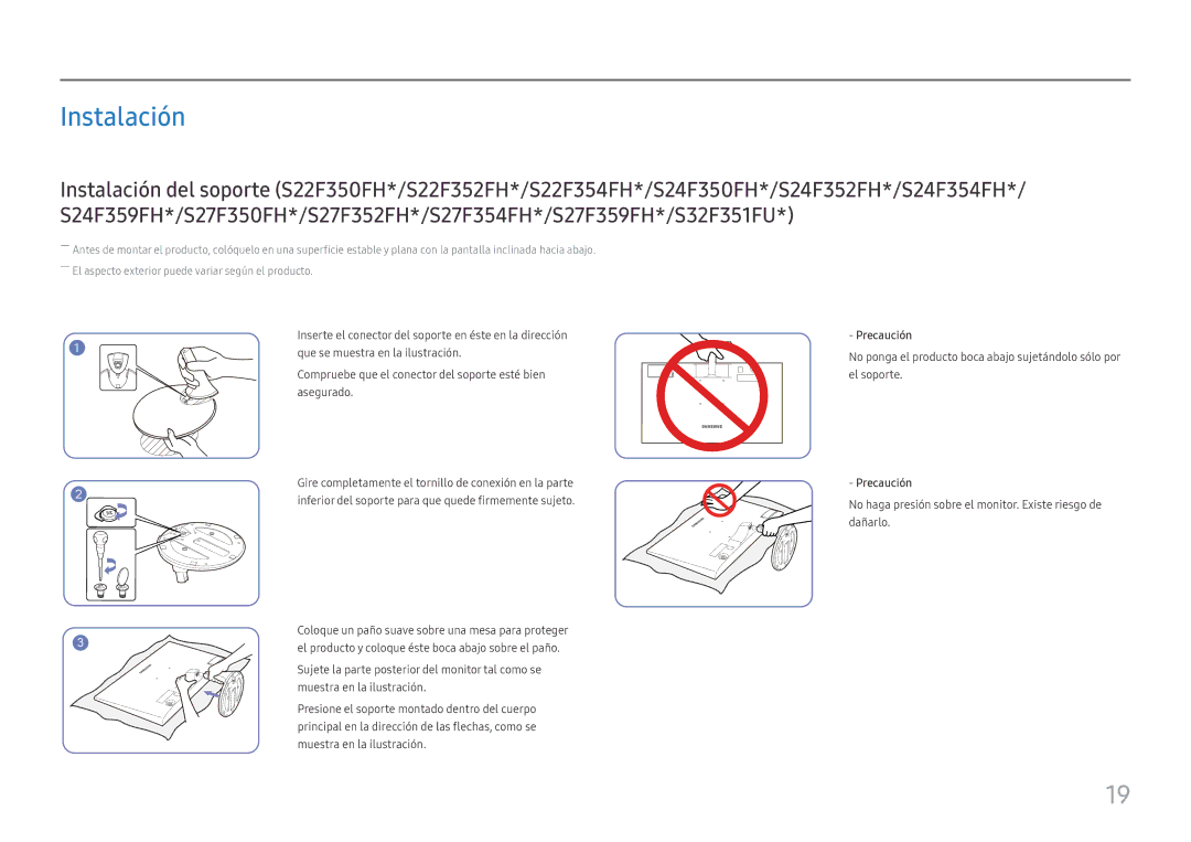 Samsung LS32F351FUUXEN, LS24F350FHUXEN, LS24F352FHUXEN, LS27F350FHUXEN, LS22F352FHUXEN, LS22F350FHUXEN Instalación, Precaución 