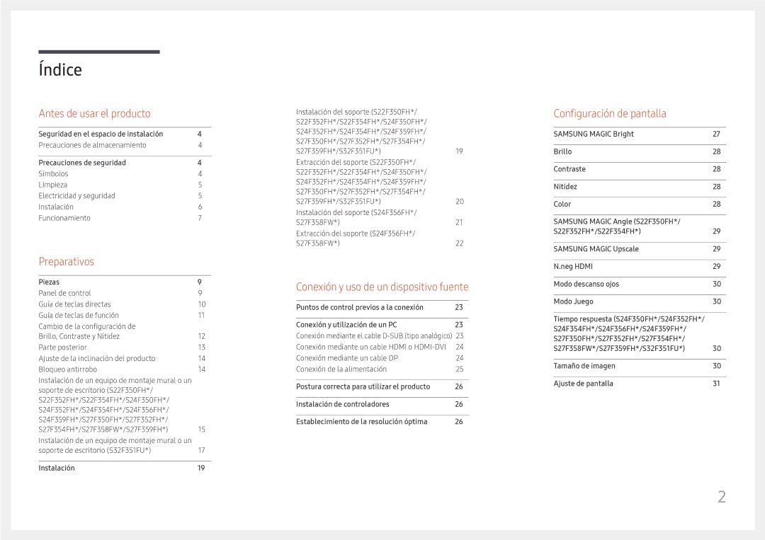 Samsung LS27F350FHUXEN, LS24F350FHUXEN, LS24F352FHUXEN, LS22F352FHUXEN, LS22F350FHUXEN, LS32F351FUUXEN, LS27F358FWUXEN Índice 