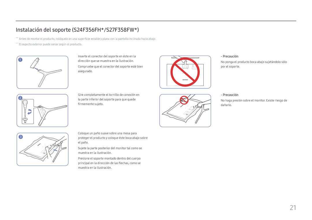 Samsung LS24F350FHUXEN, LS24F352FHUXEN, LS27F350FHUXEN manual Instalación del soporte S24F356FH*/S27F358FW, Precaución 