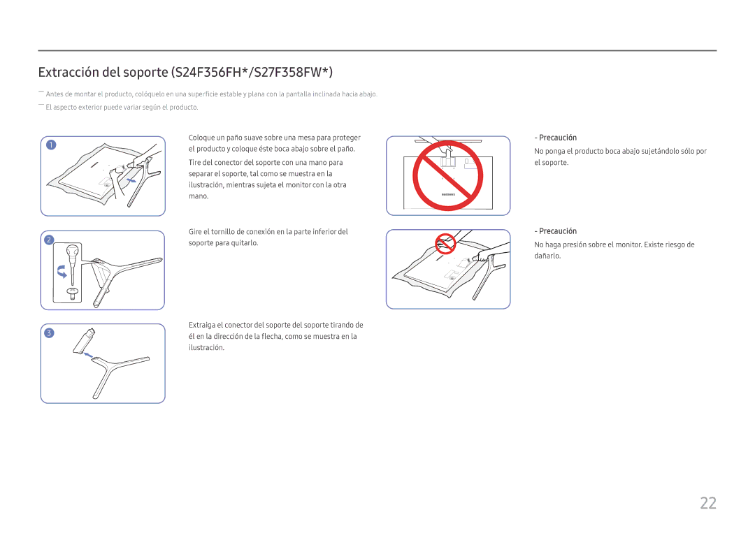Samsung LS24F352FHUXEN, LS24F350FHUXEN, LS27F350FHUXEN, LS22F352FHUXEN manual Extracción del soporte S24F356FH*/S27F358FW 