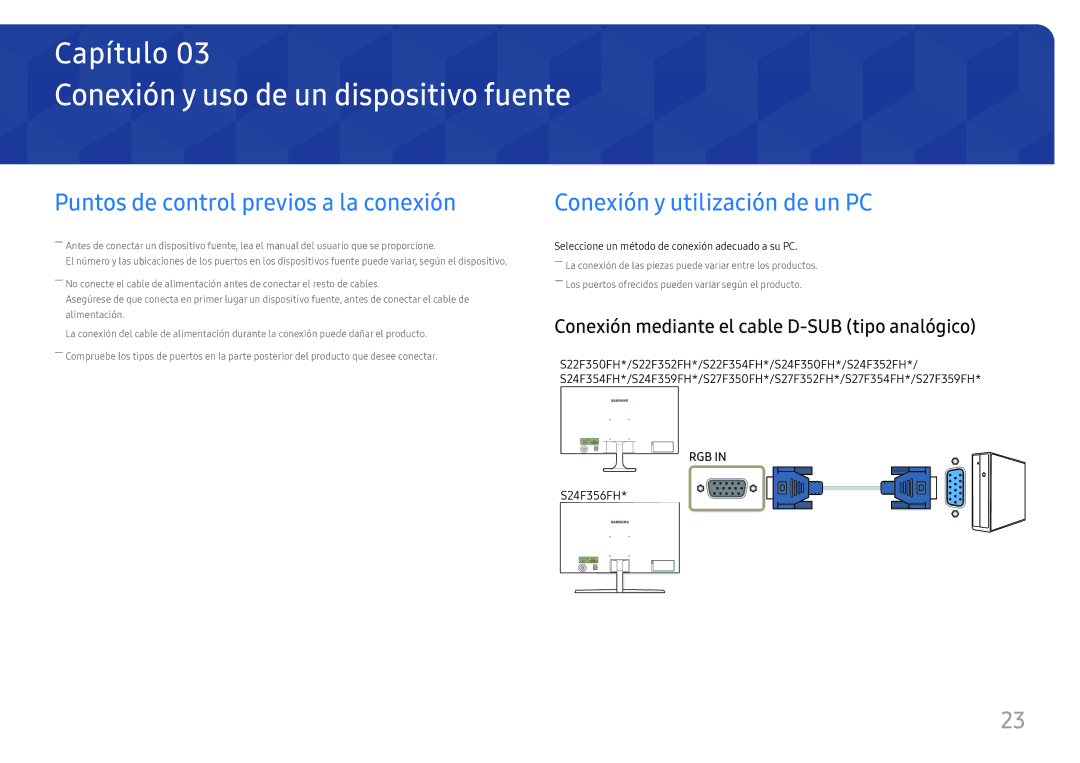 Samsung LS27F350FHUXEN, LS24F350FHUXEN Conexión y uso de un dispositivo fuente, Puntos de control previos a la conexión 