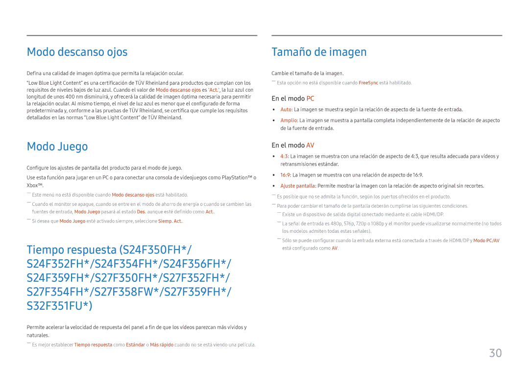 Samsung LS27F350FHUXEN, LS24F350FHUXEN, LS24F352FHUXEN, LS22F352FHUXEN manual Modo descanso ojos, Modo Juego, Tamaño de imagen 