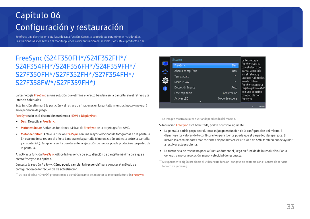 Samsung LS32F351FUUXEN manual Configuración y restauración, FreeSync solo está disponible en el modo Hdmi o DisplayPort 