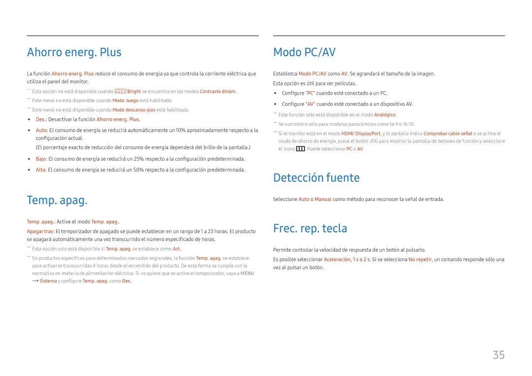 Samsung LS24F350FHUXEN, LS24F352FHUXEN manual Ahorro energ. Plus, Temp. apag, Modo PC/AV, Detección fuente, Frec. rep. tecla 