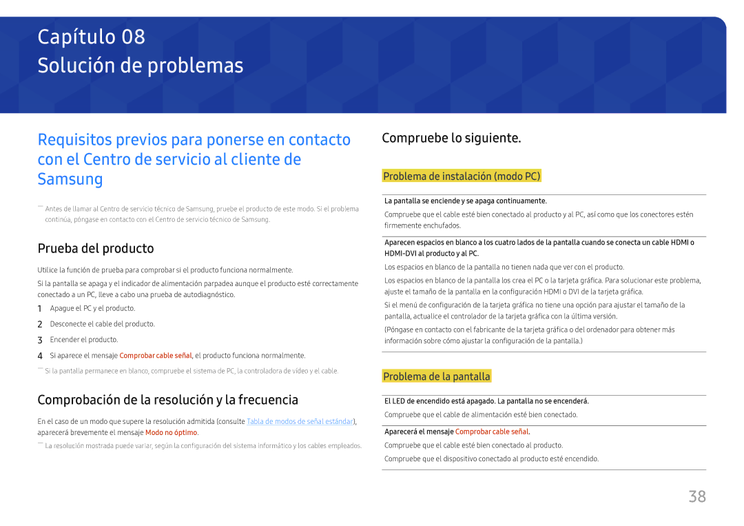 Samsung LS22F352FHUXEN manual Solución de problemas, Prueba del producto, Comprobación de la resolución y la frecuencia 