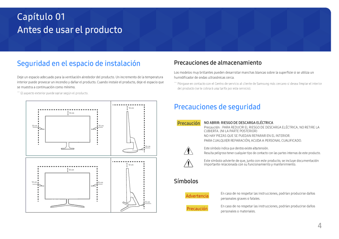 Samsung LS22F350FHUXEN manual Antes de usar el producto, Seguridad en el espacio de instalación, Precauciones de seguridad 