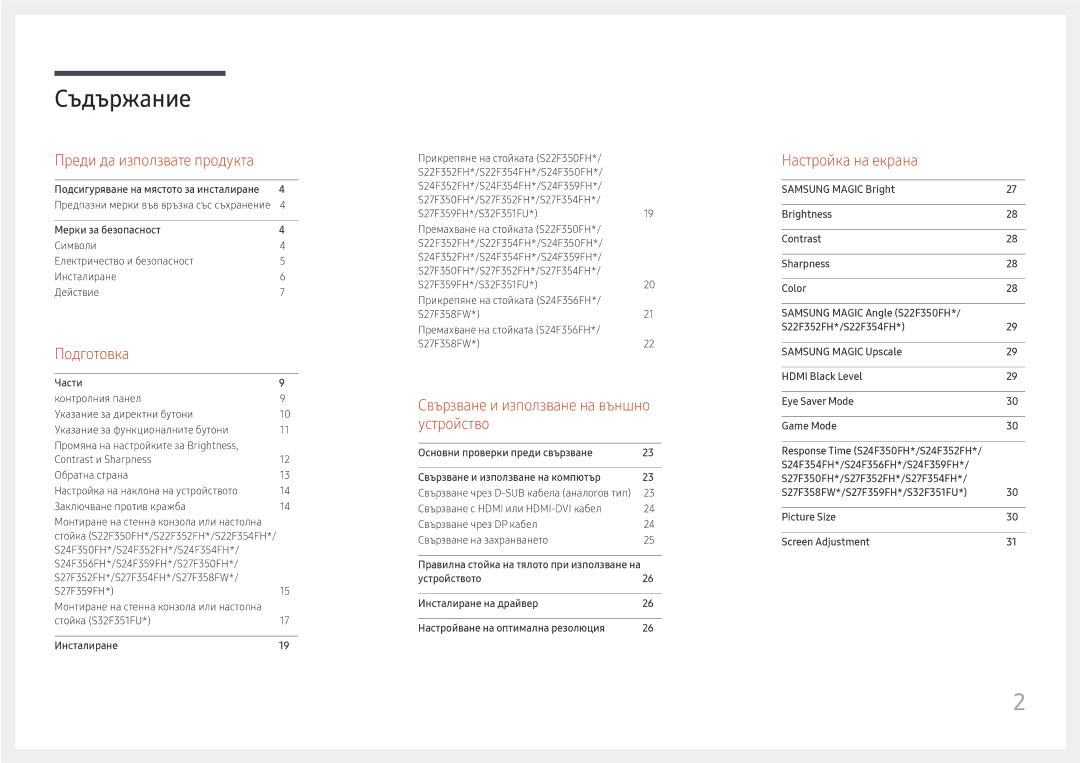 Samsung LS27F350FHUXEN, LS24F350FHUXEN, LS24F352FHUXEN, LS22F352FHUXEN, LS22F350FHUXEN, LS32F351FUUXEN manual Съдържание 