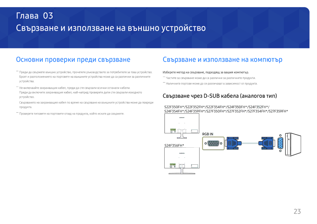 Samsung LS32F351FUUXEN, LS24F350FHUXEN manual Свързване и използване на външно устройство, Основни проверки преди свързване 