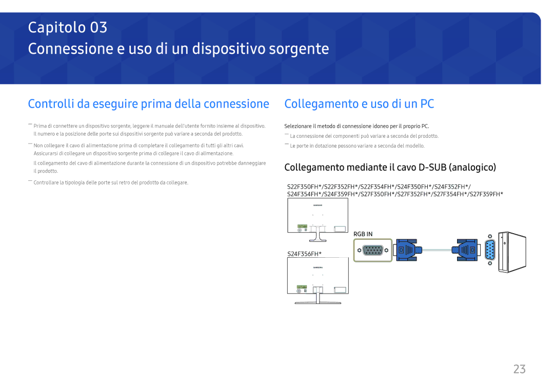 Samsung LS32F351FUUXEN, LS24F350FHUXEN manual Connessione e uso di un dispositivo sorgente, Collegamento e uso di un PC 