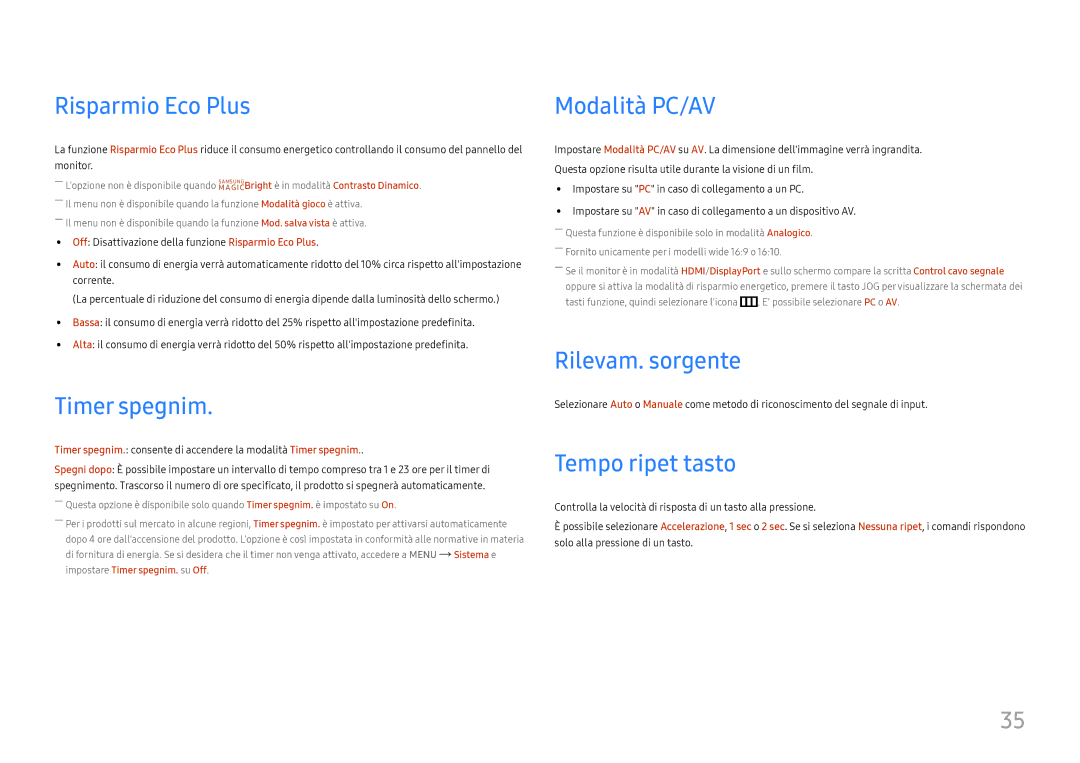 Samsung LS32F351FUUXEN manual Risparmio Eco Plus, Timer spegnim, Modalità PC/AV, Rilevam. sorgente, Tempo ripet tasto 