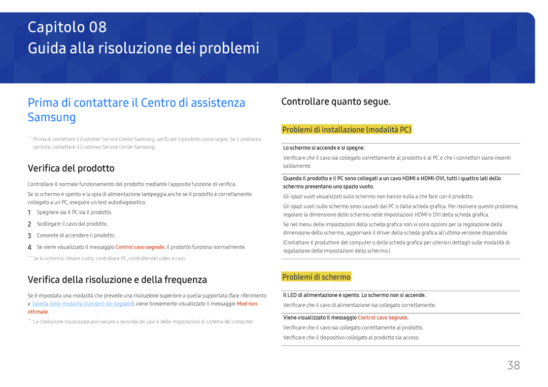 Samsung LS22F350FHUXEN manual Guida alla risoluzione dei problemi, Prima di contattare il Centro di assistenza Samsung 