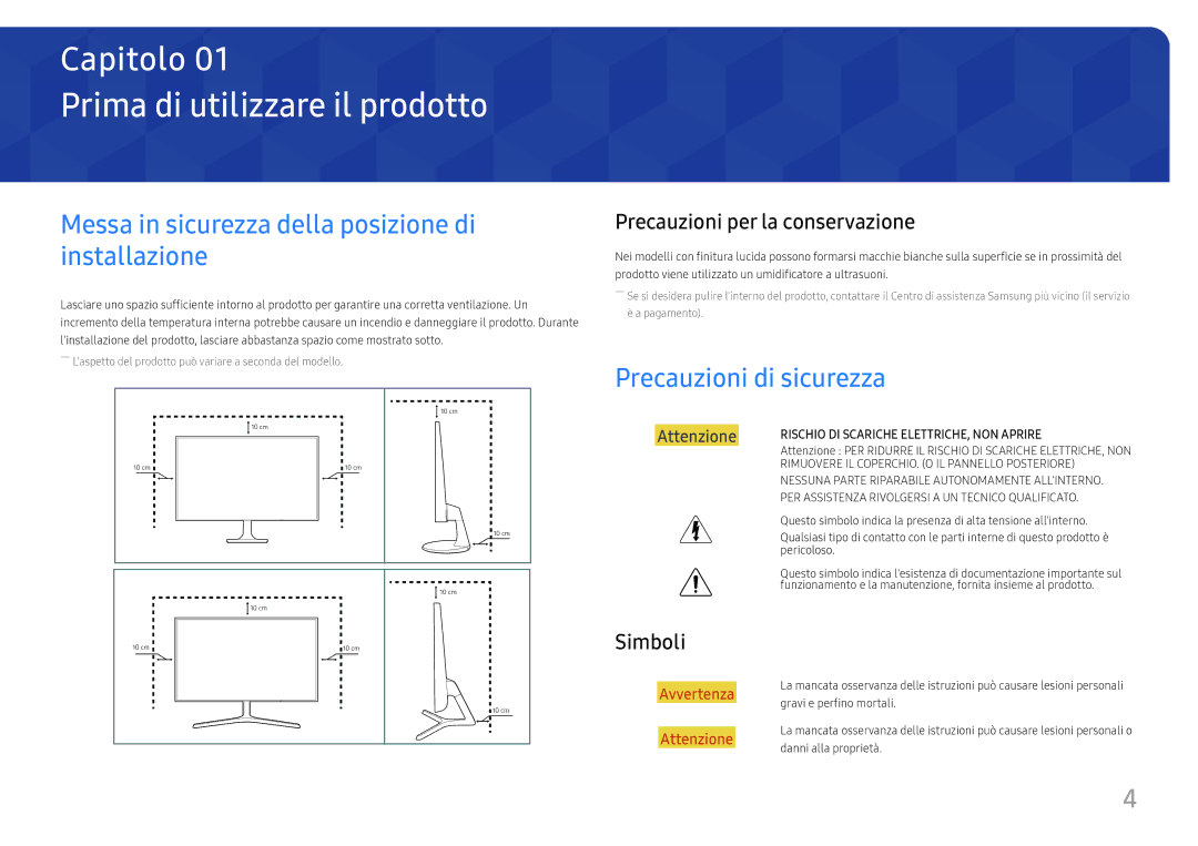 Samsung LS24F350FHUXEN manual Prima di utilizzare il prodotto, Messa in sicurezza della posizione di installazione, Simboli 