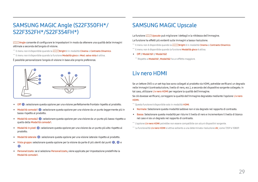 Samsung LS27F350FHUXEN manual SAMSUNG MAGIC Upscale, Liv nero HDMI, SAMSUNG MAGIC Angle S22F350FH*/ S22F352FH*/S22F354FH 