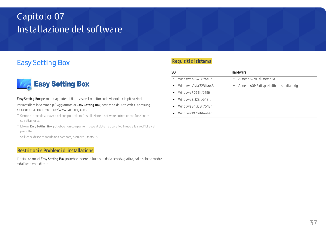 Samsung LS27F350FHUXEN Installazione del software, Easy Setting Box, Restrizioni e Problemi di installazione, Capitolo 