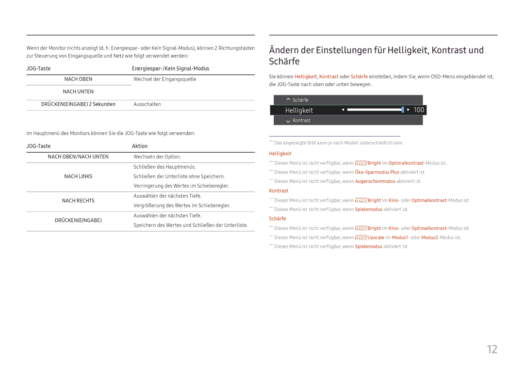 Samsung LS24F356FHUXEN JOG-Taste Energiespar-/Kein Signal-Modus, JOG-Taste Aktion, Wechsel der Eingangsquelle, Ausschalten 