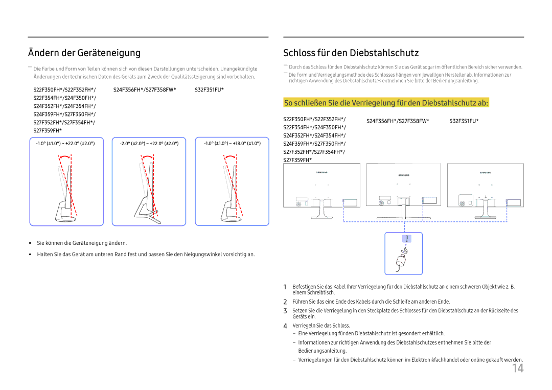 Samsung LS24F352FHUXEN manual Ändern der Geräteneigung, Schloss für den Diebstahlschutz, Einem Schreibtisch, Geräts ein 