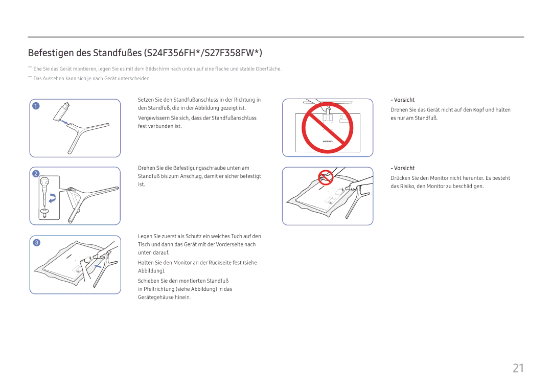 Samsung LS27F350FHUXEN, LS24F356FHUXEN, LS24F350FHUXEN manual Befestigen des Standfußes S24F356FH*/S27F358FW, Vorsicht 