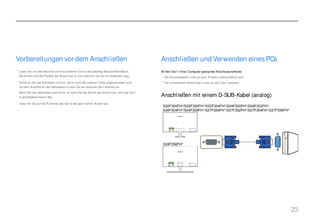 Samsung LS32F351FUUXEN, LS24F356FHUXEN Anschließen und Verwenden eines externen Geräts, Vorbereitungen vor dem Anschließen 