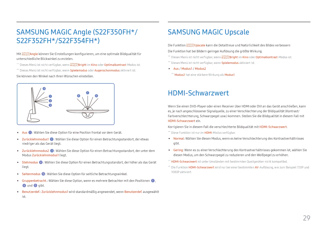 Samsung LS32F351FUUXEN, LS24F356FHUXEN, LS24F350FHUXEN manual Samsung Magic Upscale, HDMI-Schwarzwert, Liegt, Und 5 gibt 