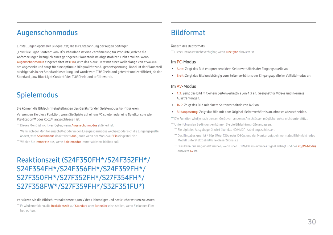 Samsung LS24F356FHUXEN, LS24F350FHUXEN, LS24F352FHUXEN manual Augenschonmodus, Spielemodus, Ändern des Bildformats 