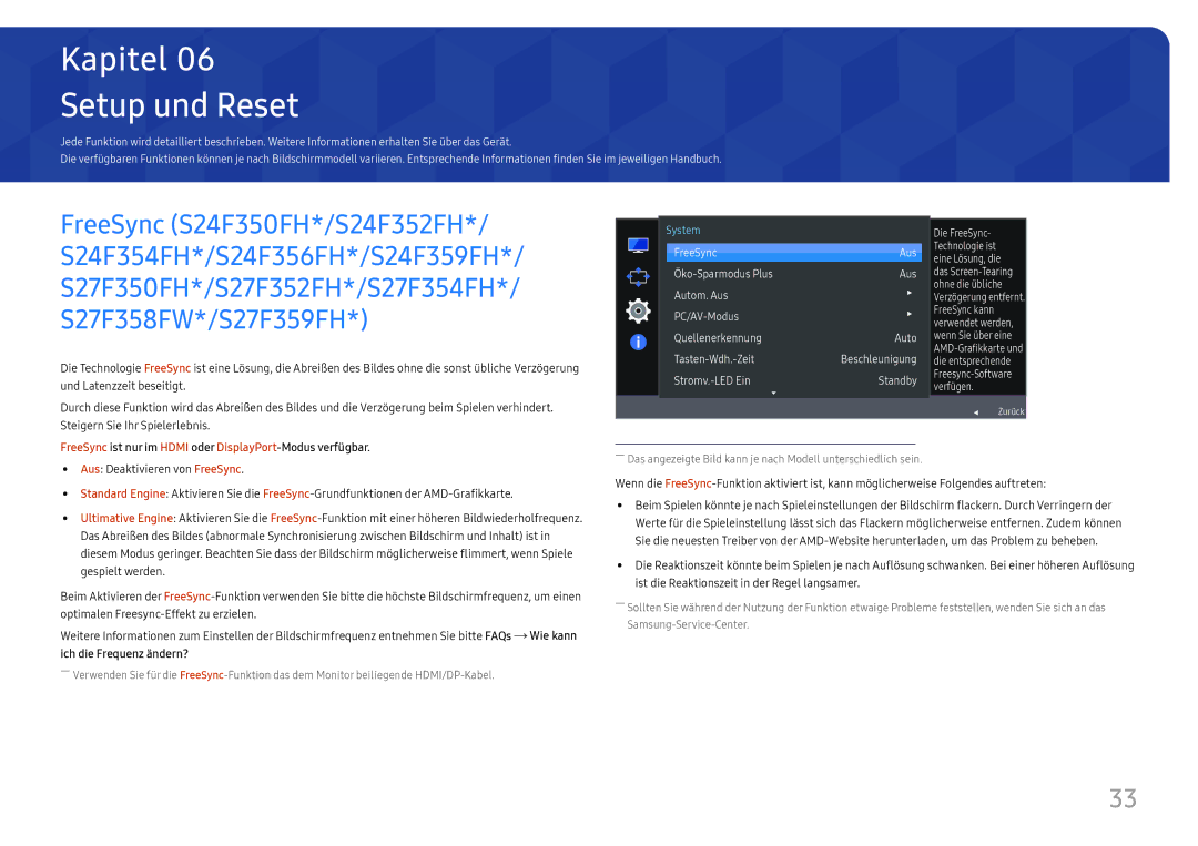 Samsung LS27F350FHUXEN, LS24F356FHUXEN manual Setup und Reset, FreeSync ist nur im Hdmi oder DisplayPort-Modus verfügbar 