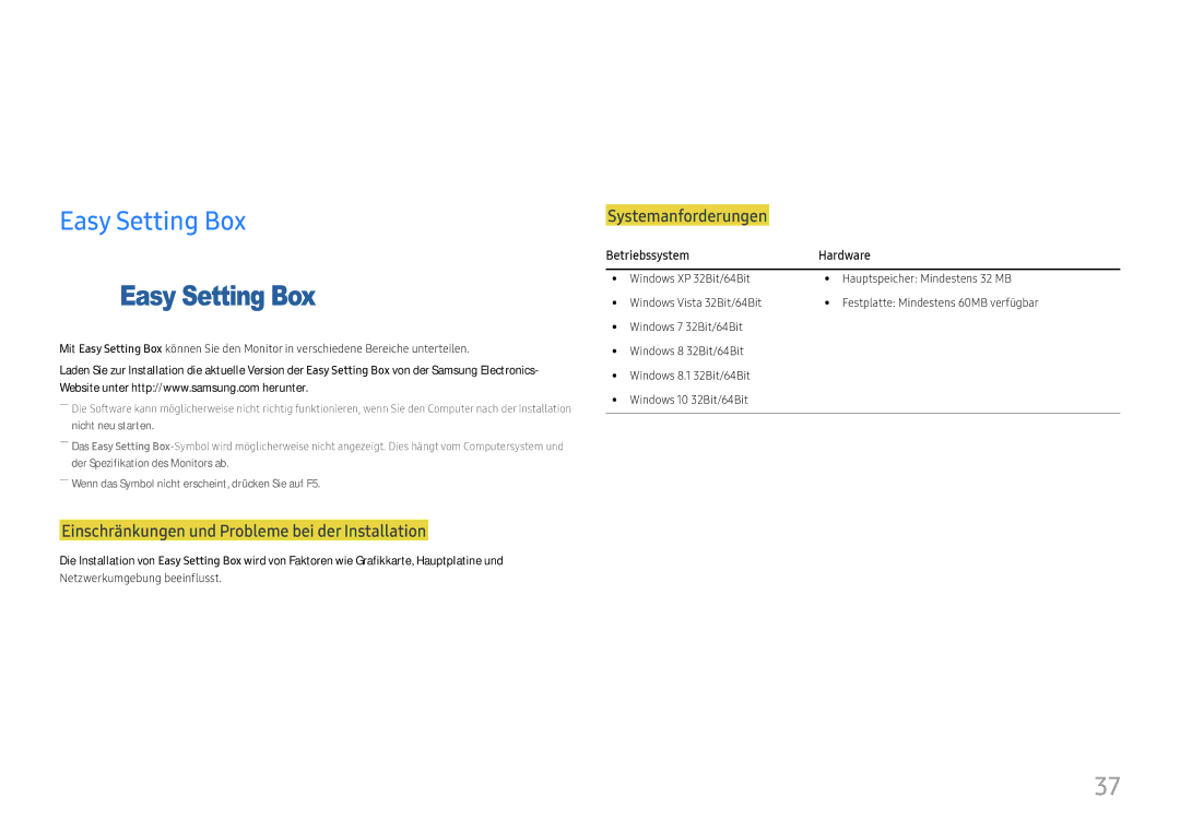 Samsung LS24F350FHUXEN, LS24F356FHUXEN, LS24F352FHUXEN Installieren der Software, Easy Setting Box, Betriebssystem Hardware 