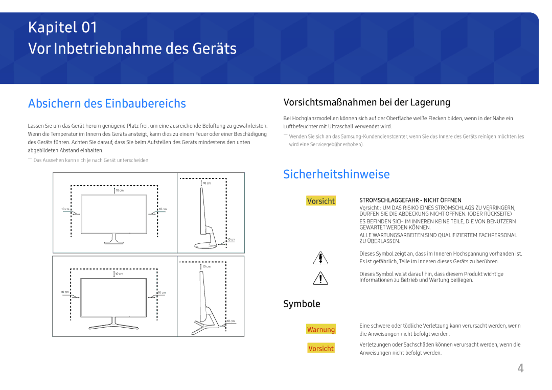 Samsung LS22F350FHUXEN manual Vor Inbetriebnahme des Geräts, Absichern des Einbaubereichs, Sicherheitshinweise, Symbole 