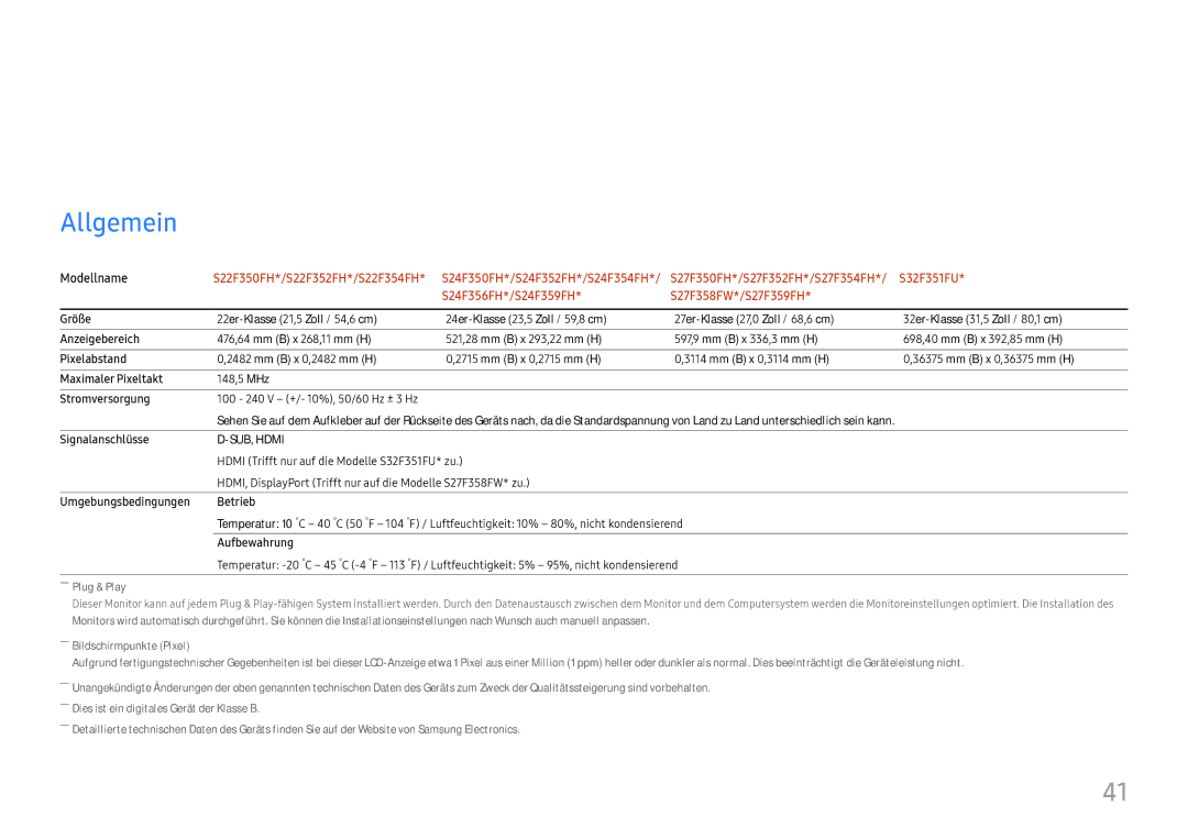 Samsung LS32F351FUUXEN, LS24F356FHUXEN, LS24F350FHUXEN, LS24F352FHUXEN, LS27F350FHUXEN manual Technische Daten, Allgemein 