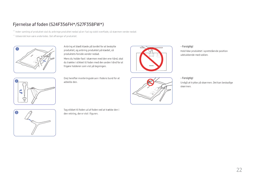Samsung LS24F350FHUXEN, LS24F356FHUXEN, LS24F352FHUXEN, LS27F350FHUXEN manual Fjernelse af foden S24F356FH*/S27F358FW 